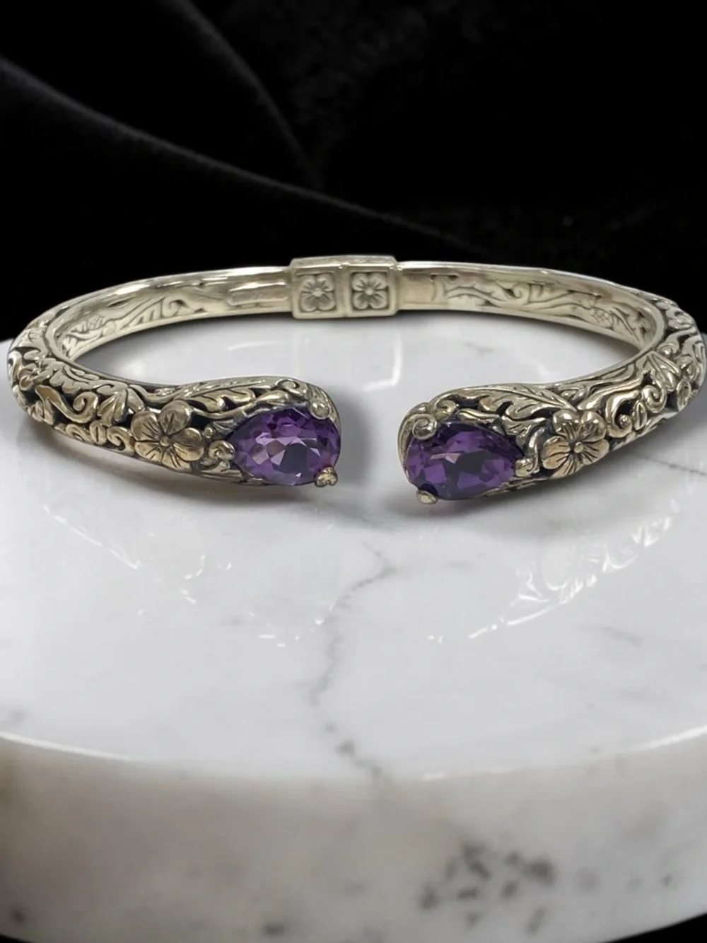 Estate Embossed Sterling Silver 925 Amethyst Cuff Hinged Bangle Bracelet! - Picture 16 of 16